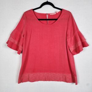 Soft Surroundings Tencel Cotton Flounce Flutter Sleeve Keyhole Back Red Size S